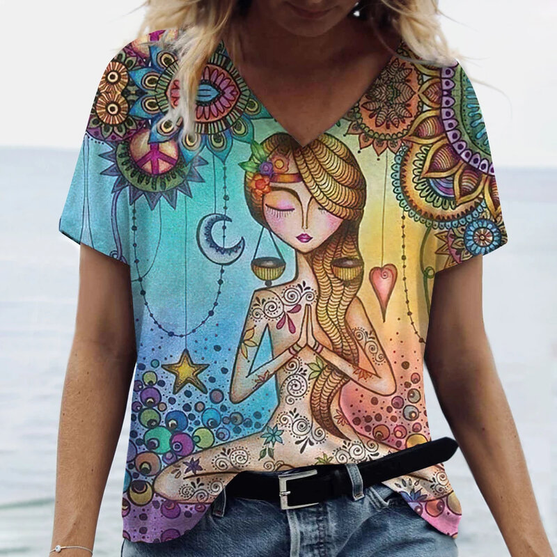 Kaus Wanita Mode musim panas kaus abstrak 3D kaus Harajuku warna-warni kartun V-Neck lengan pendek atasan kaos pakaian ukuran besar