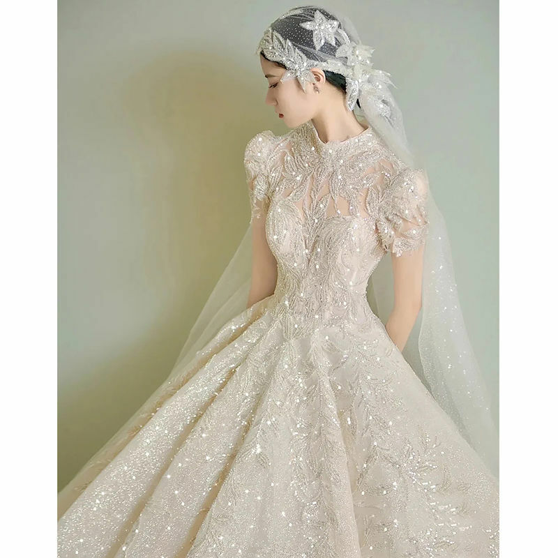 Luxury A Line Women Wedding Dress Princess High Neck Glitter Sequins Lace Up Back Bridal Gown Marriage Robe De Mariée