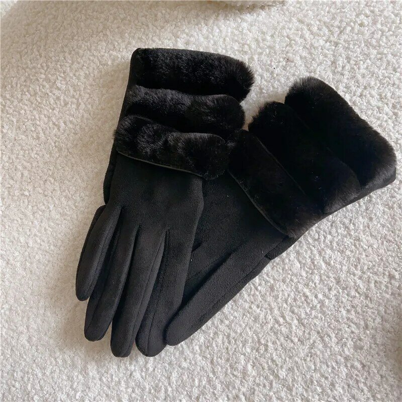 Модные элегантные женские зимние замшевые сохраняющие тепло перчатки для сенсорного экрана утолщенные флисовые Плюшевые Пушистые мягкие перчатки для вождения на запястье и велоспорта
