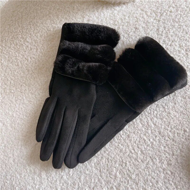 Sarung tangan Suede wanita, sarung tangan layar sentuh lembut berbulu tebal elegan modis musim dingin