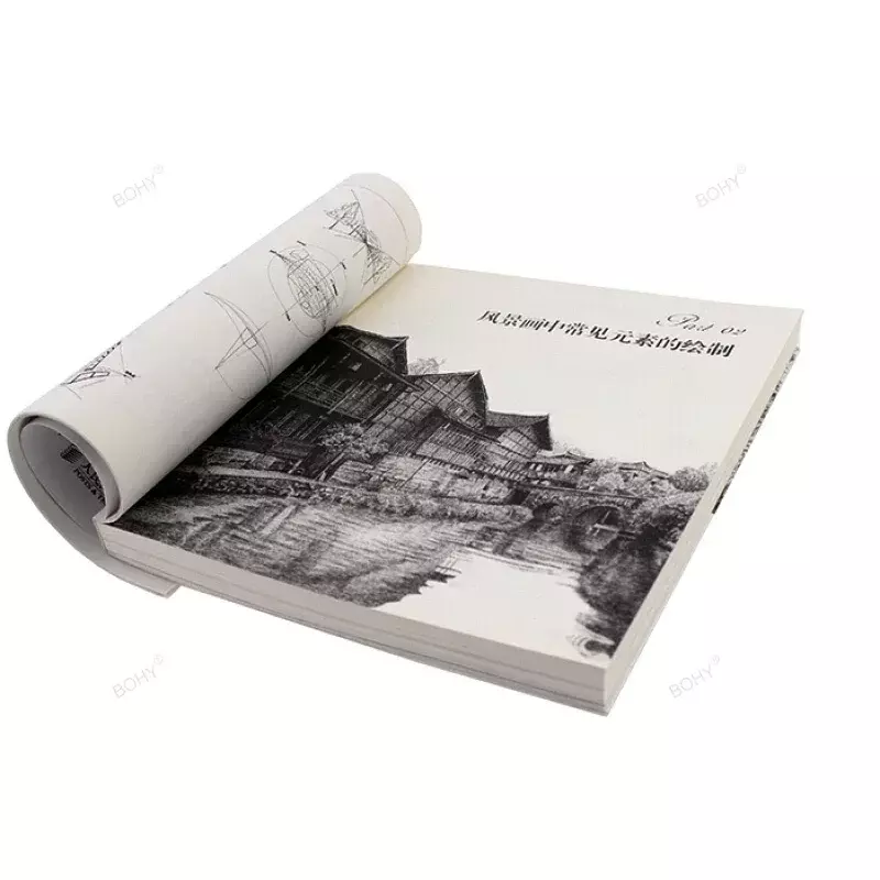 風景画用の天然製図本、クリエイティブチュートリアルの本、白と黒のスケッチ、中国の鉛筆本