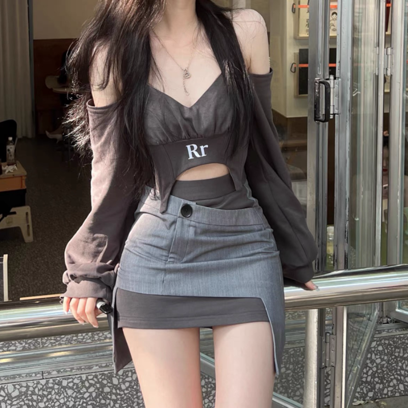 Women's off-the-shoulder short skirt and asymmetrical high-waisted mini skirt, sexy Y2k streetwear, stylish chic, 2 sets