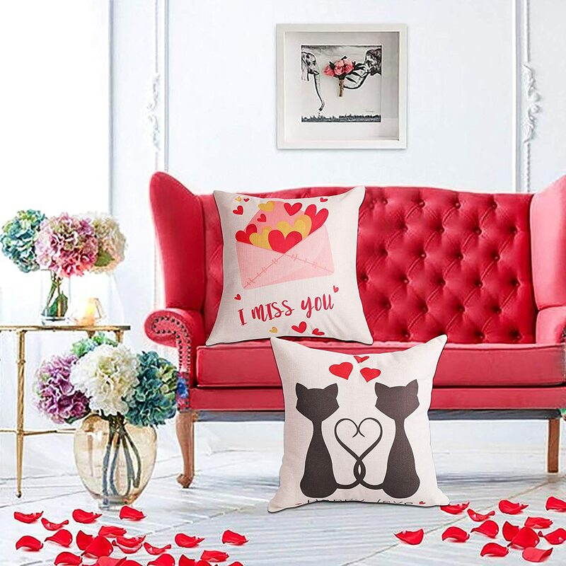 8 pçs dia dos namorados lance travesseiro caso valentine linho capa de almofada rosa caminhão vermelho coração decoração do presente do amor para o sofá
