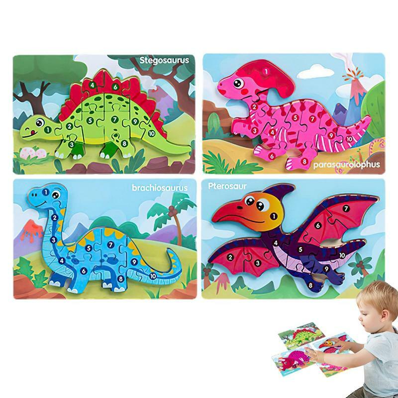 Dinosaur Wooden Puzzle 3D Wooden Dinosaur Toys Dinosaur Puzzle Educational Learning Puzzles Toys Set For Boys 1 Set 4 Packs