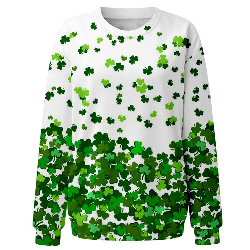 Women's St. Patrick's Day Round Neck Long Sleeved Top Green Printed Hatless Thin Hoodie Loos Casual Ladies T Shirt Tops