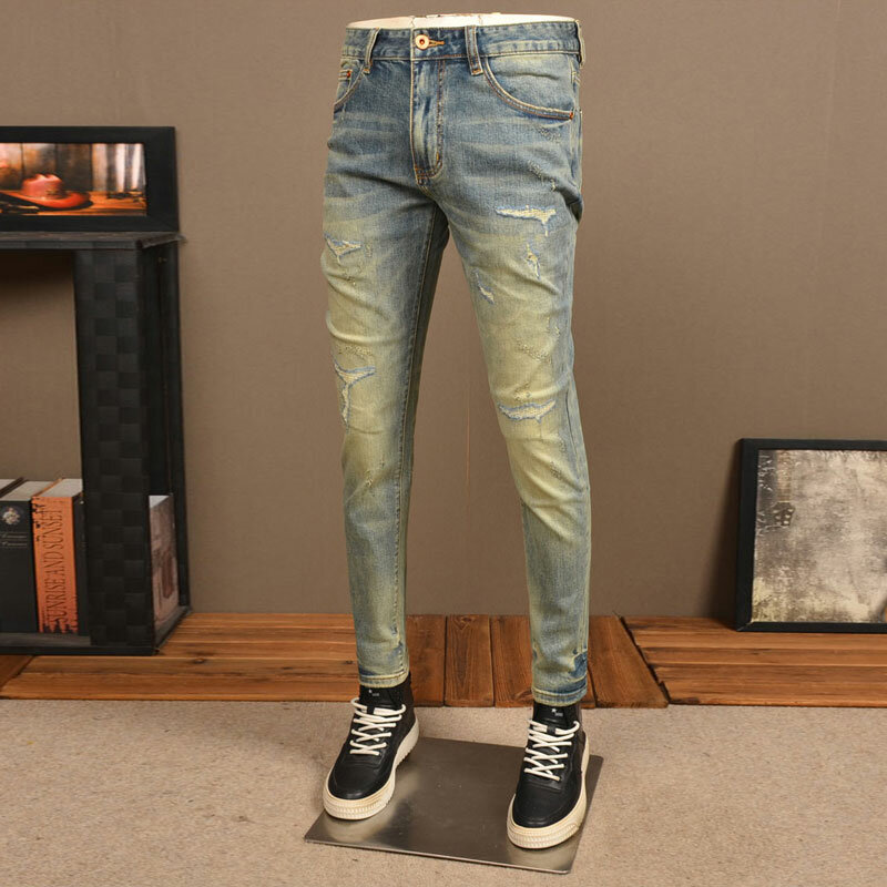 Celana Jeans sobek untuk pria, celana Denim pas badan elastis biru Retro, celana Jeans sobek Vintage kualitas tinggi, celana Denim pria