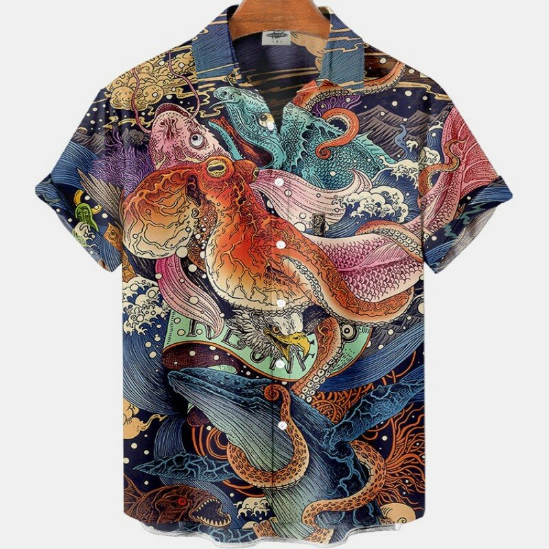 Мужская винтажная рубашка с коротким рукавом, летняя повседневная гавайская рубашка с 3D цветами, уличная Роскошная уличная рубашка для карпа, новинка 2023
