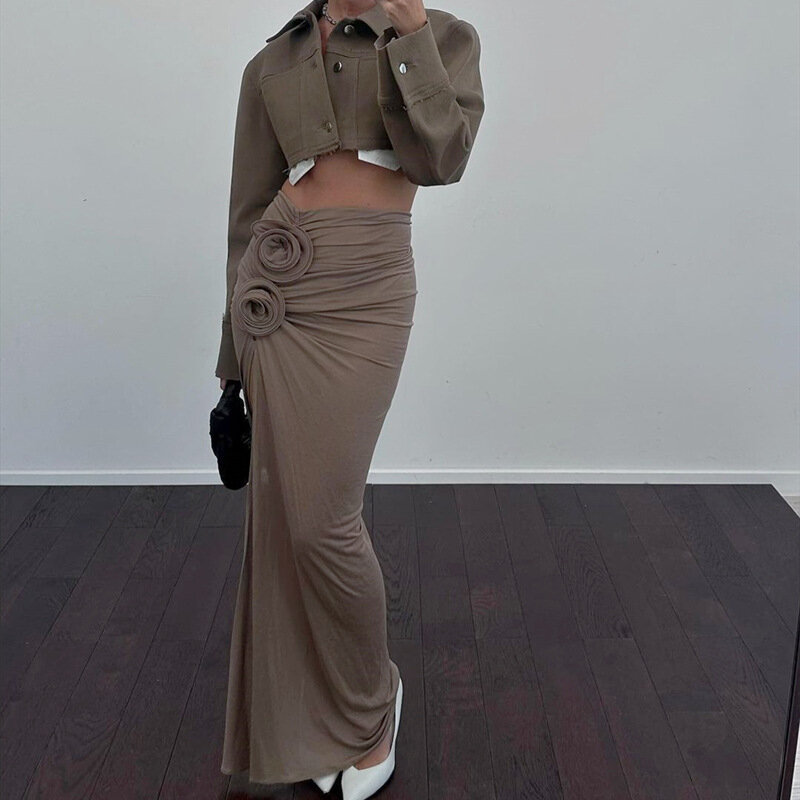 Krypto grafische elegante geraffte geteilte Maxi röcke für Frauen Blumen applikation Trim Mode Outfits Urlaub Beach wear Rock Bottom