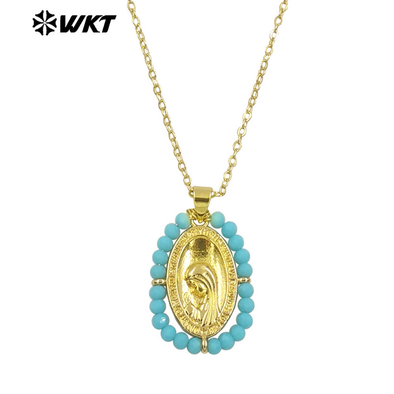 WT-MN995 WKT 18K Gold Plated Yellow Brass Metal Carved With Handmade Wire Wrapped Crystal Beads The Beauty Face Necklace