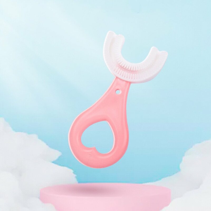 Cepillo de dientes redondeado en forma de U de silicona de grado alimenticio para niños, limpieza de dientes de boca completa