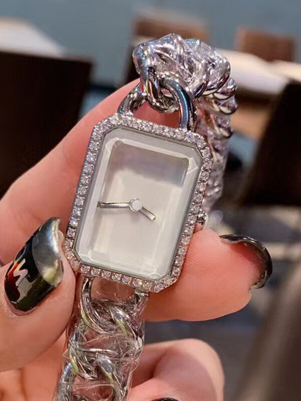 Conjunto de relógio de aço e diamante de madrepérola para mulheres, caixa quadrada, alça de corrente, relógio de quartzo, moda luxuosa, novo, 2024