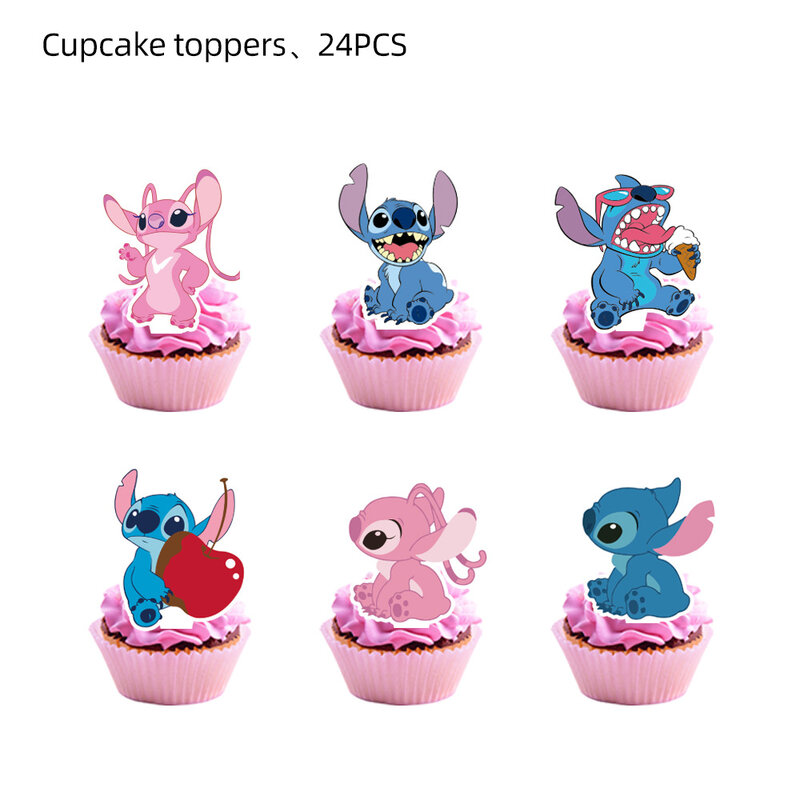 ステッチケーキデコレーショントッパー子供、誕生日パーティー用品、女の子のためのカップケーキピック、ベビーシャワーギフト、24個ロット
