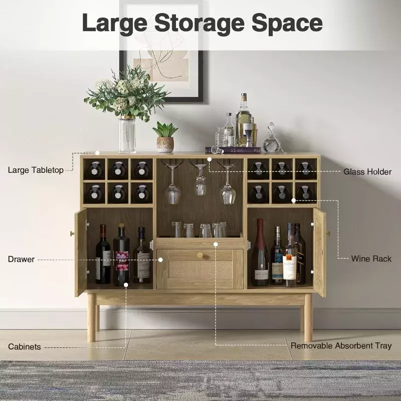 Rattan Wine Bar armário com gaveta, armário de madeira do licor com cremalheira do vinho, aparador da cozinha, armário do vinho do bufete