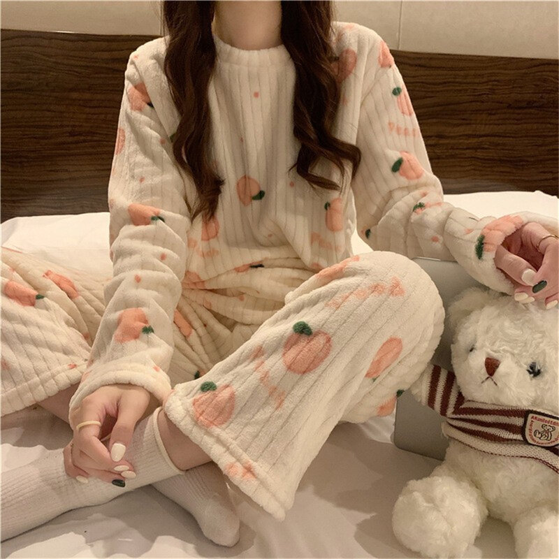 Conjunto de pijama de flanela quente feminino, pijamas de veludo coral grosso, manga longa, desenhos animados, outono, inverno, 2 peças