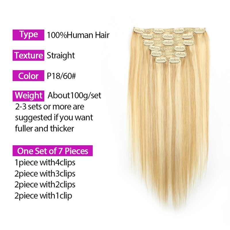 Clip In Human Hair Extensions 100% Natural Real Hair Extension Clip-On Hair Piece Full Head Ombre Color 18"-24" P18-60