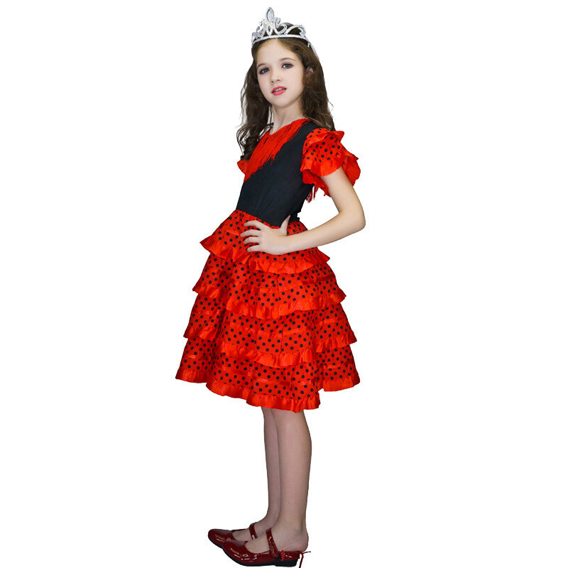 Vestido de baile español tradicional para niñas, falda de lunares con borlas, estilo clásico Flamenco Gitano, cuatro colores