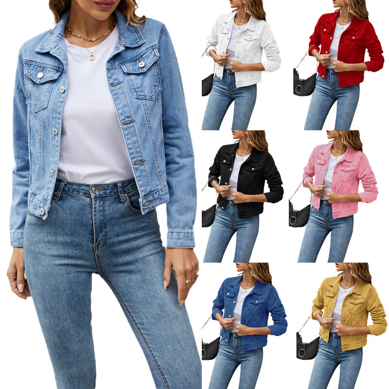 Jaqueta jeans de manga longa feminina, lapela, botão de baixo, bolso no peito, jaqueta jeans justa, monocromática, casual, moda feminina, outono, inverno