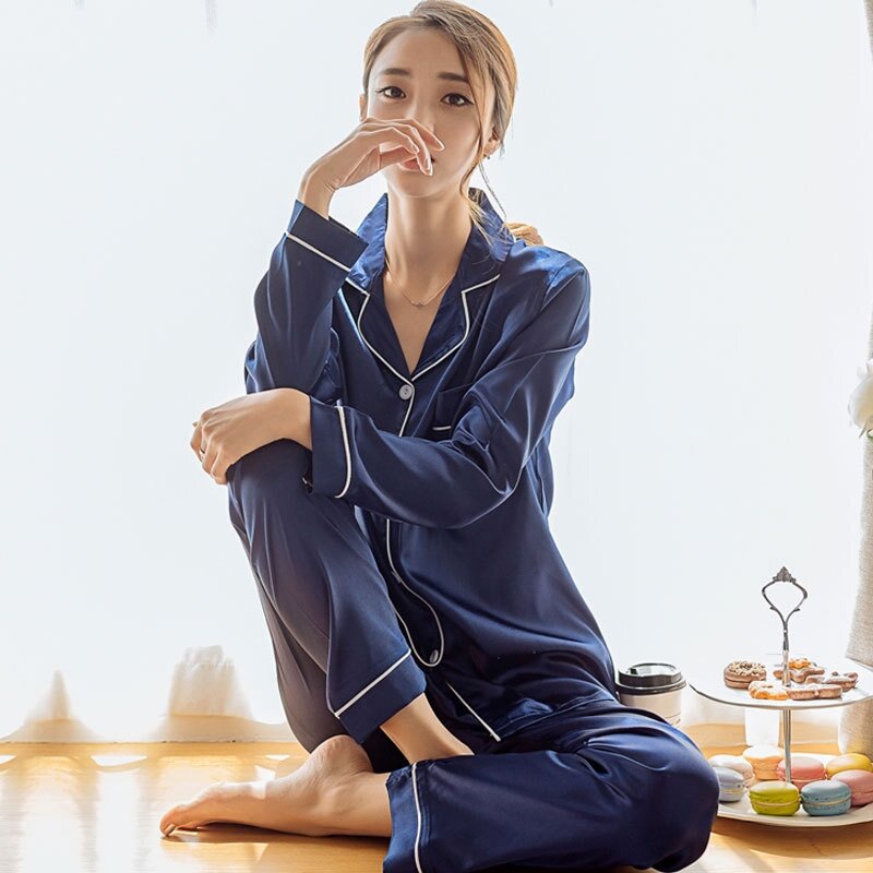 Vận Chuyển Miễn Phí! Pyjamas Bộ Nữ Lụa Satin Tay Dài Đồ Ngủ Pijama Phù Hợp Với Nữ Ngủ Hai Bộ Loungewear