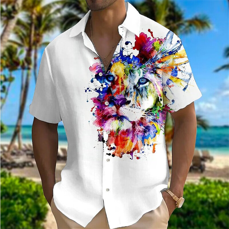 Animal tigre masculino camisa de lapela de botão estampado 3D, rua ao ar livre, roupas manga curta, macio, casual moda, 2024