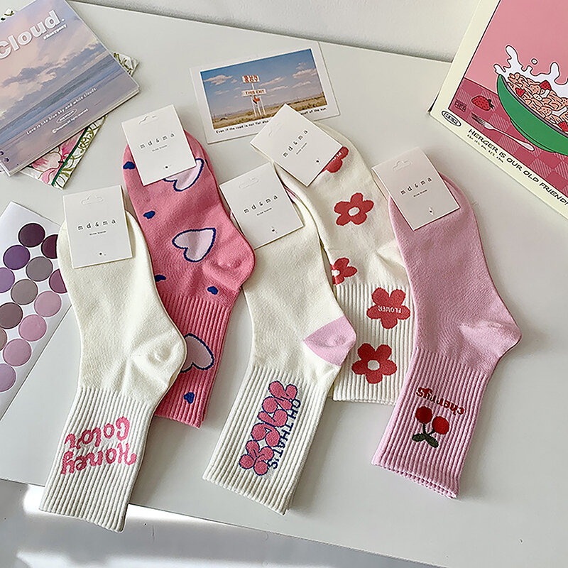 Y2K 핑크 스위트 커플 양말 여성용 캐주얼 면 미드 카프 양말, 스위트 하트 리치 크루 양말, 꽃 활, 1 쌍