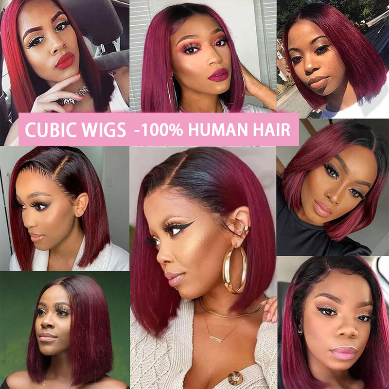Ombre 99J Burgundy Lace Front Bob Wigs Human Hair 13x4 HD Lace Frontal Wigs Glueless Short Straight Bob Wigs for Black Women