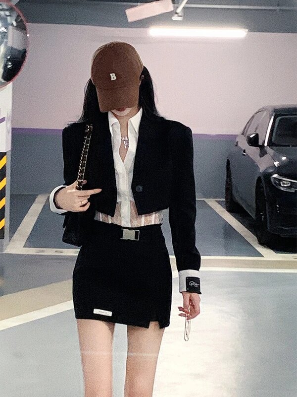 ฤดูใบไม้ร่วง2ชิ้นสีดำชุดกระโปรงผู้หญิง MODE Korea Vintage Blazer ชุดสูทหญิงสบายๆเซ็กซี่ Chic ROK Mini ชุด2022ใหม่