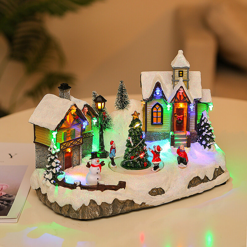 크리스마스 빛나는 집 장식 장면 피규어, 스노우 하우스 피규어, 파티 선물, LED 조명 및 음악, 가정용 휴일 테이블