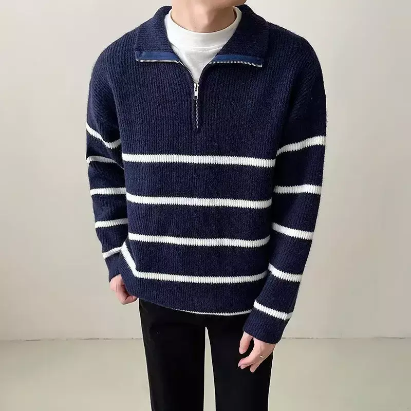 Осень 2023, мужские роскошные вязаные пуловеры в стиле пэчворк, свитер, Корейская водолазка на молнии, с длинным рукавом, свободная стильная текстура