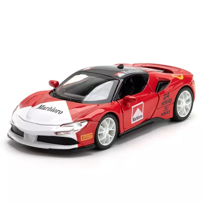 Ferrari SF90 سيارة رياضية معدنية من سبيكة دييكاست ، صوت وخفيف ، سحب مع صندوق ، هدايا لعبة من الأكريليك ،