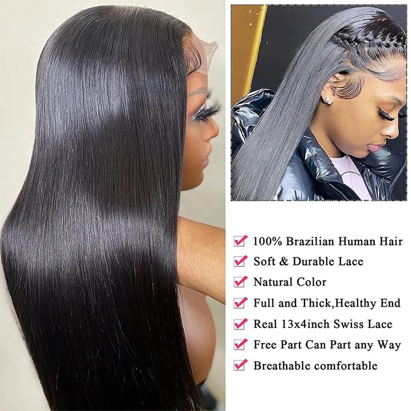 Perucas dianteiras retas do laço para mulheres negras, cabelo humano brasileiro, peruca de renda HD transparente, peruca de fechamento 4x4, 13x6, 30 in, 32 in