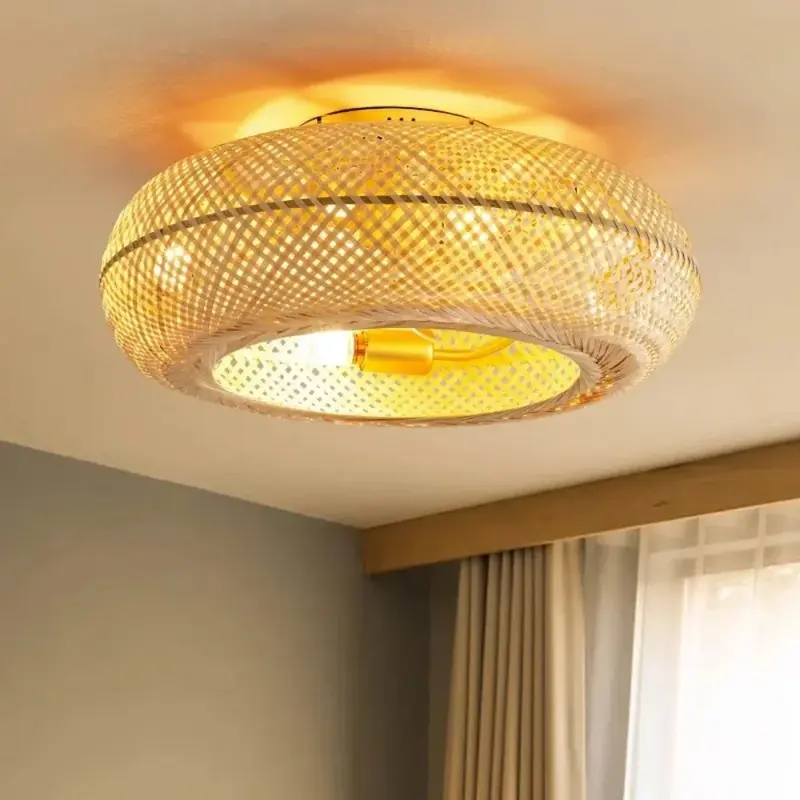 Bambu americano minimalista tecelagem teto ventilador luz, lanterna arte criativa, quarto e dispositivo elétrico sala de estar, restaurante