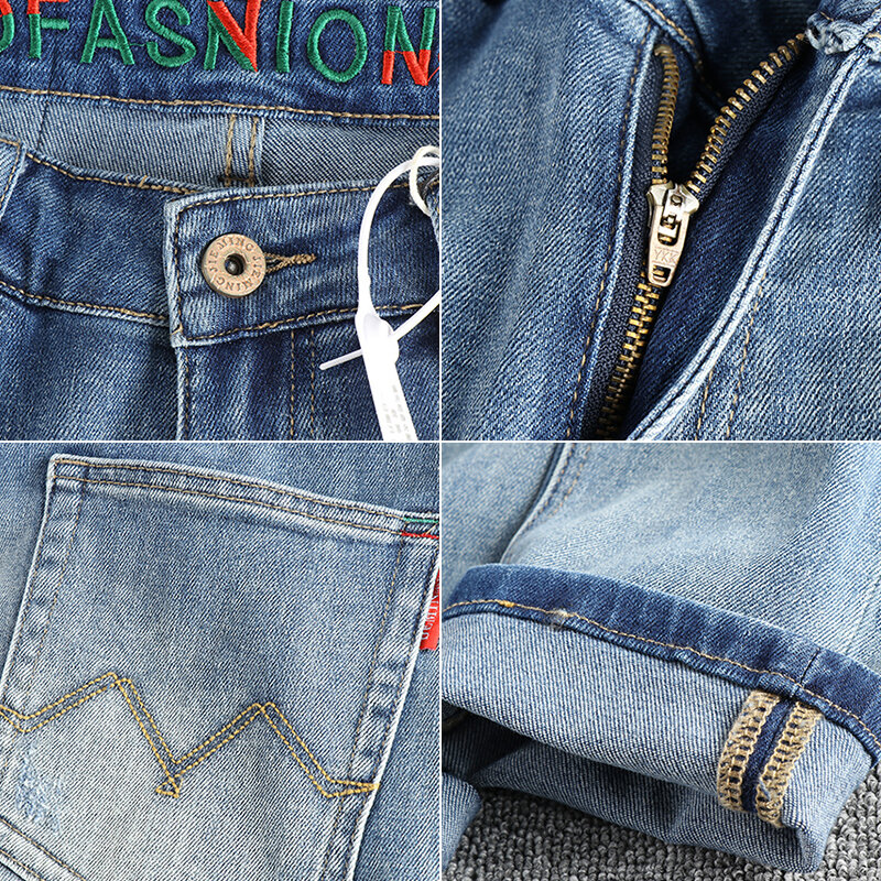 Summer fashion men new simple retro wash to do old ground white jeans pocket embroidery fashion pants