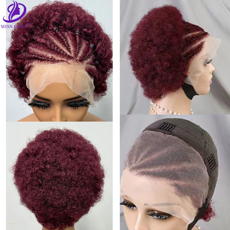 MissDona Burgundy 13*4 Lace Front Wig Bouncy Curly Hair Wigs with Braids 100% Human Hair Wig Afro Wigs For Africa Women