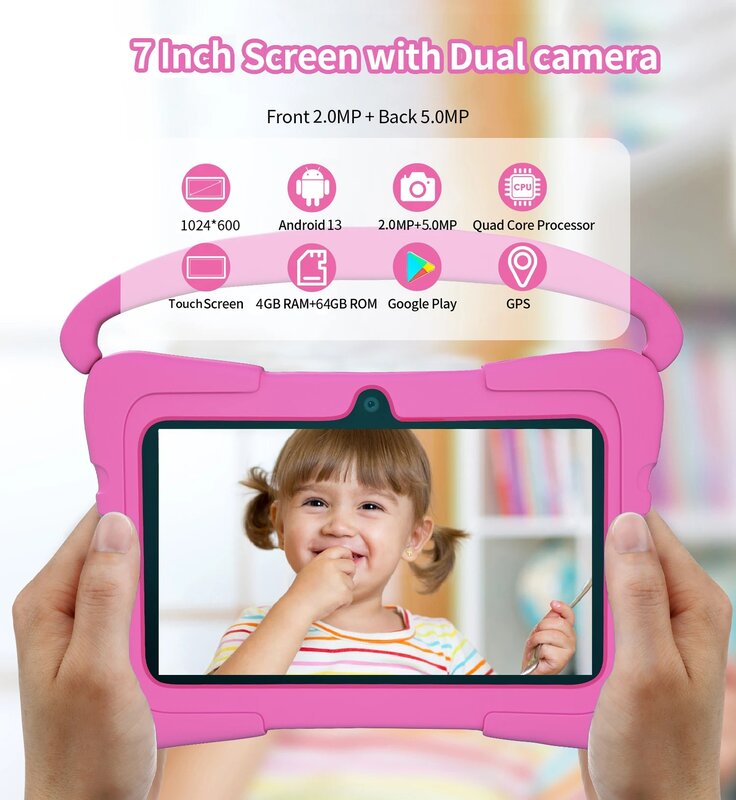 Kids Learning Education Tablet, Google Store, Android 13, versão WiFi, 5G, 4GB RAM, 64GB ROM, 7"