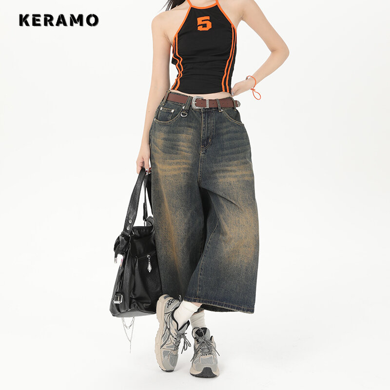 Jeans vintage de streetwear masculino e feminino, calças jeans largas, altura do joelho, solto, grande, moda, verão, Y2K, 2022