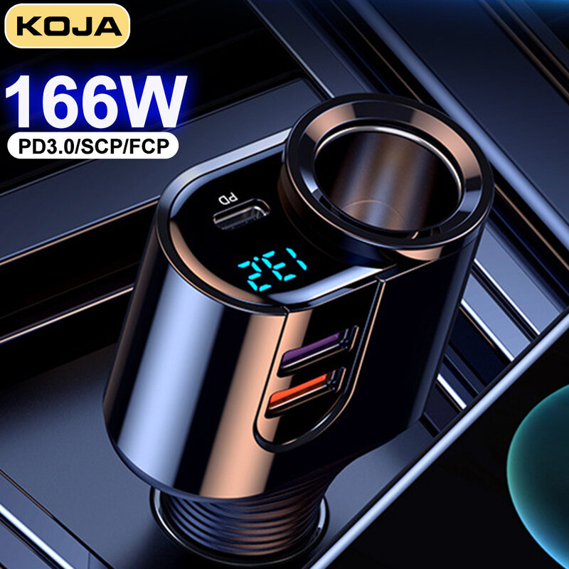 166W ładowarka samochodowa gniazdo papierosów Super szybkie ładowanie 66W type-c PD20W USB szybkie Charge3.0 18W dla HUAWEI IPhone Samsung OPPO Vivo