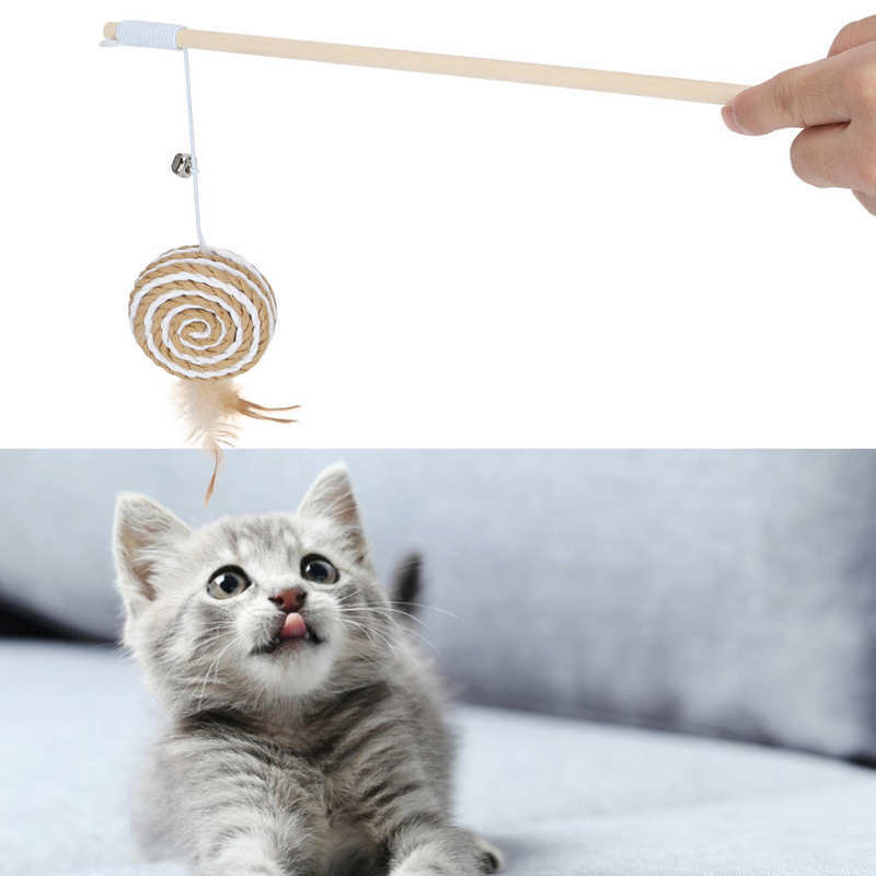 ทนทานการออกกำลังกายแมวของเล่นแมวตลก Stick Wand Teaser Interactive ของเล่นรอบเค้กกรอบ Bell Feather Cat Supplies