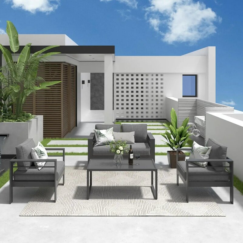 Outdoor Aluminum Furniture Set, 4 Pieces Patio Sectional Chat Sofa Conversation Set with Tempered Glass Table top Coffee Table