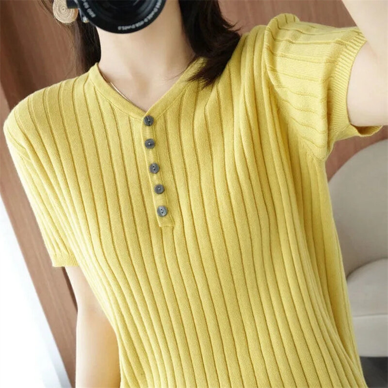 Suéteres de manga corta para mujer, camisa con cuello en V, prendas de punto coreanas, primavera y otoño, 2023
