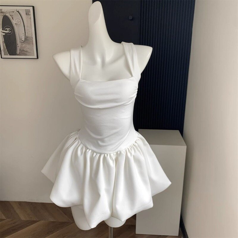 Милое милое Белое Мини-Платье HOUZHOU Kawaii, элегантные женские корейские летние пикантные короткие платья Y2k, женское винтажное платье во французском стиле