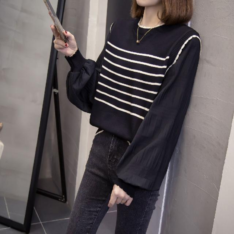 Spring Sweater Female 2023 Loose Women Patchwork Stripe Fake Two Piece Knit Sweatshirt with Westernized Bubble Sleeve Sweater