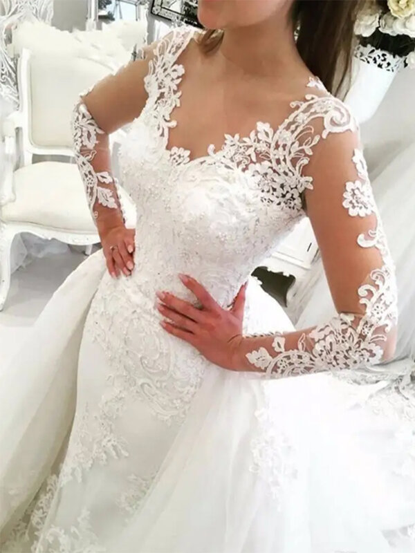 Роскошное белое свадебное платье 2 в 1 со съемной юбкой-годе, Кружевная аппликация, свадебное платье из Саудовской Аравии с длинным рукавом, свадебное платье Дубая, Vestido De Noiva