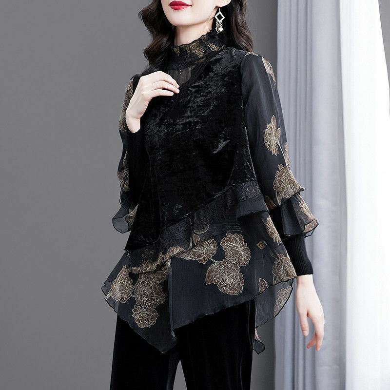 Blusa holgada de chifón para mujer, camisa de dos piezas con estampado de volantes, Estilo Vintage elegante, de franela y encaje, talla grande, 2022