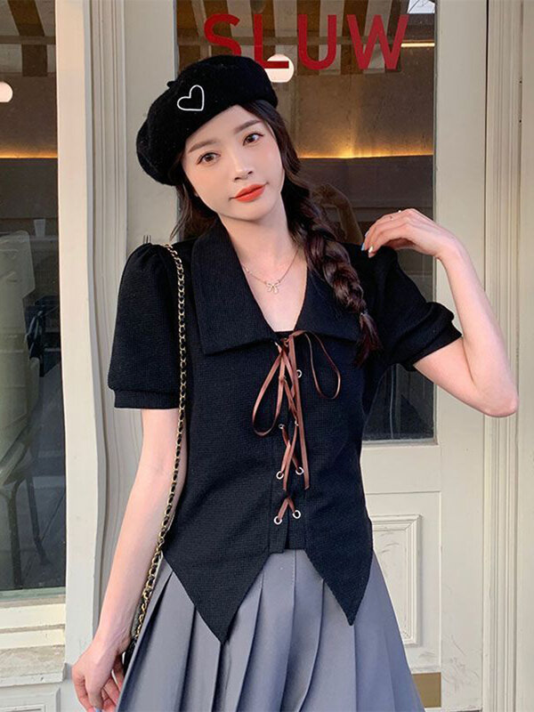 Jmprs Korean Lace Up Sweet Shirt Women Fashion Turn Down Collar Cute Blouse Casual Short Sleeve Irregular Female Design Tops New