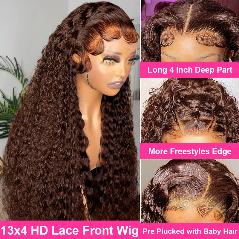 CEXXY czekoladowy brąz peruki z kręconymi włosami 13x6 HD peruka z ludzkich włosów koronka z przodu 30 32 Cal 13x4 peruki bezklejowe w kolorze głębokiej fali dla kobiet