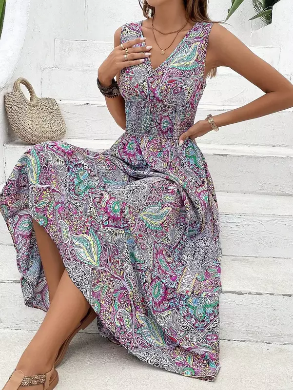 New Cross-border European and American Women's Printed V-neck Fashionable High Waisted Dress