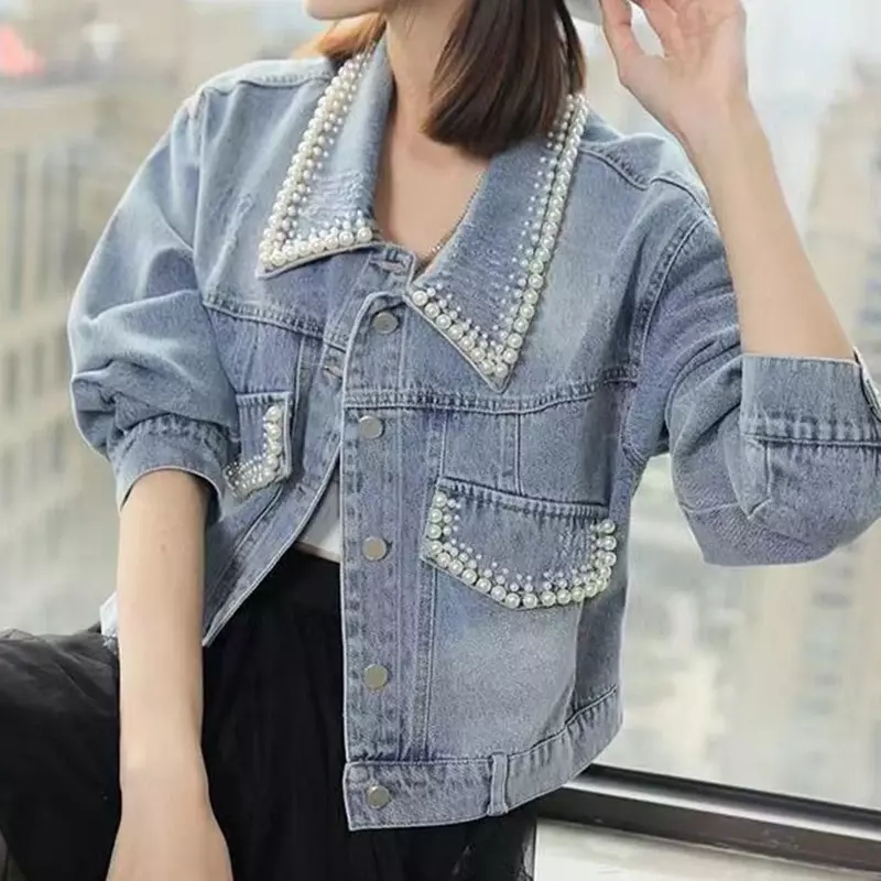 女性のための甘い装飾デニムジャケット,長袖,折り返し襟,ジャケット,韓国ポケット,ルーズフィット,2021