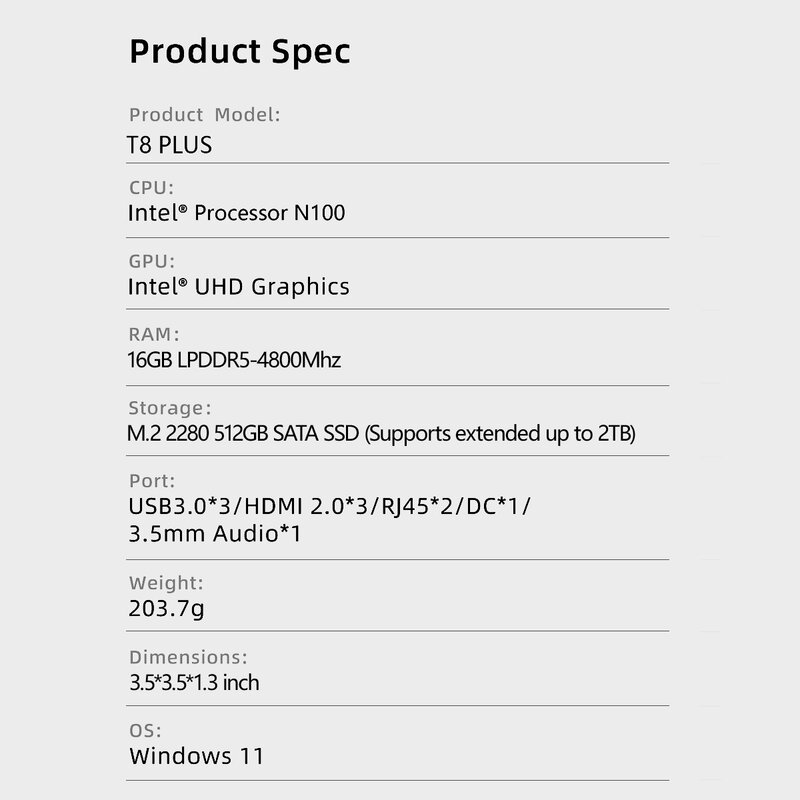 Firebat T8 Pro Plus Mini Pc Gamer Intel N100 N5095 Cpu Windows 11 Mini Pc Gaming Ddr4 8Gb Ram 256Gb Ssd Nvme M2 Wifi5 Bt4.2 Bureau