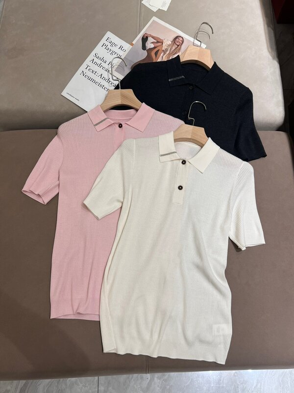 Luxurious casual office silk wool elastic knitted short sleeved T-shirt