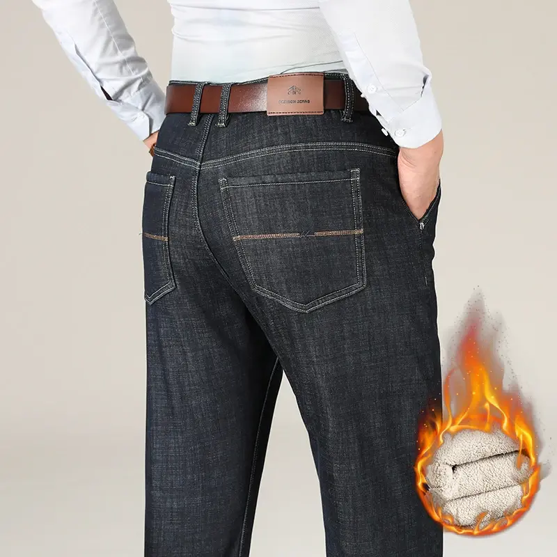Heren Winter Jeans Kwaliteit Doek Fleece Dikke Hoge Taille Rechte Losse Vader 'S Business Casual Broek
